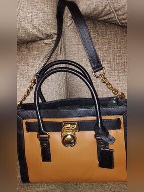 Michael Kors Black and Tan Two-Tone Leather Satchel with Gold Hardware